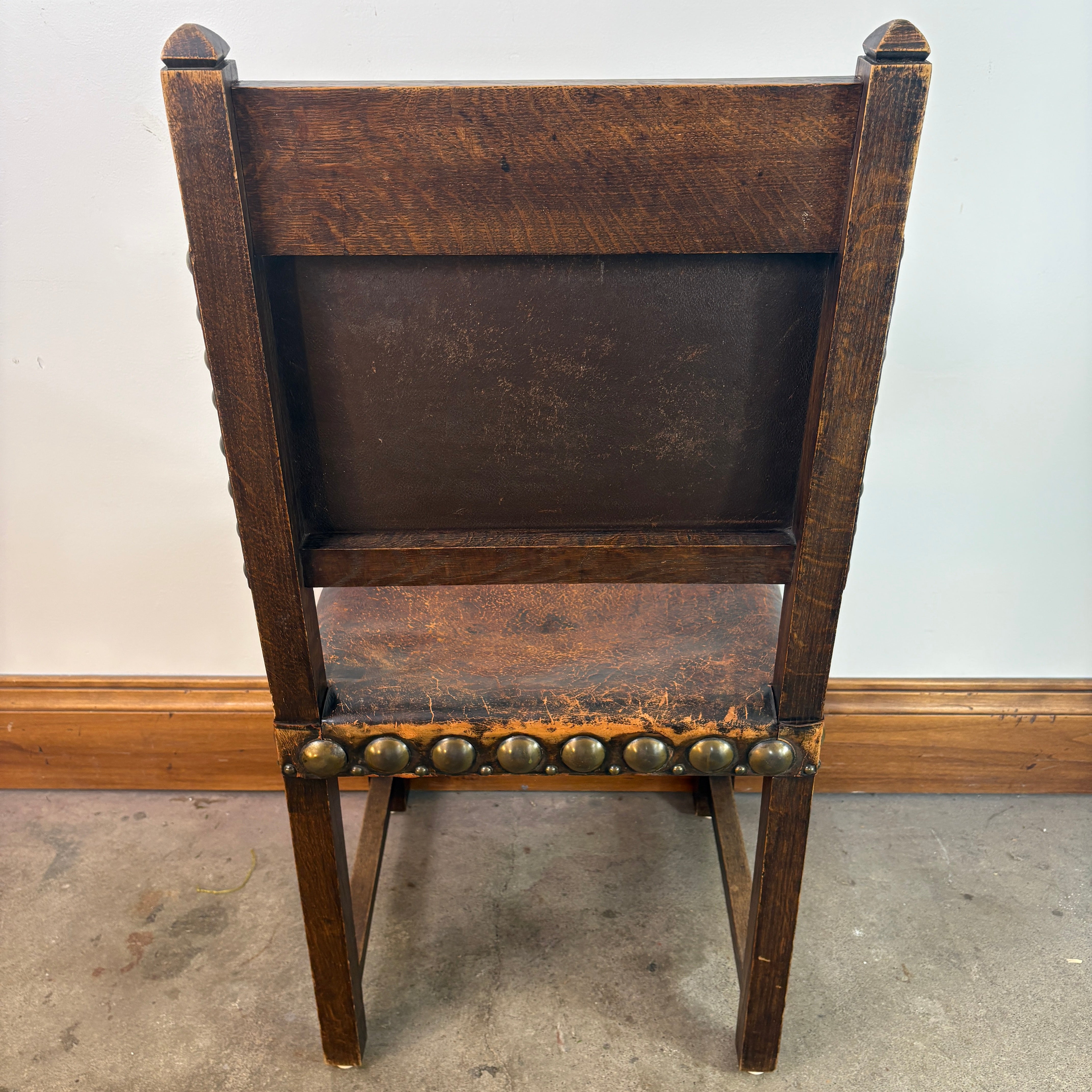 Set of Oak & Aged Leather Arm Chairs with Nail Head Detail & Side Chairs, Sku 033087
