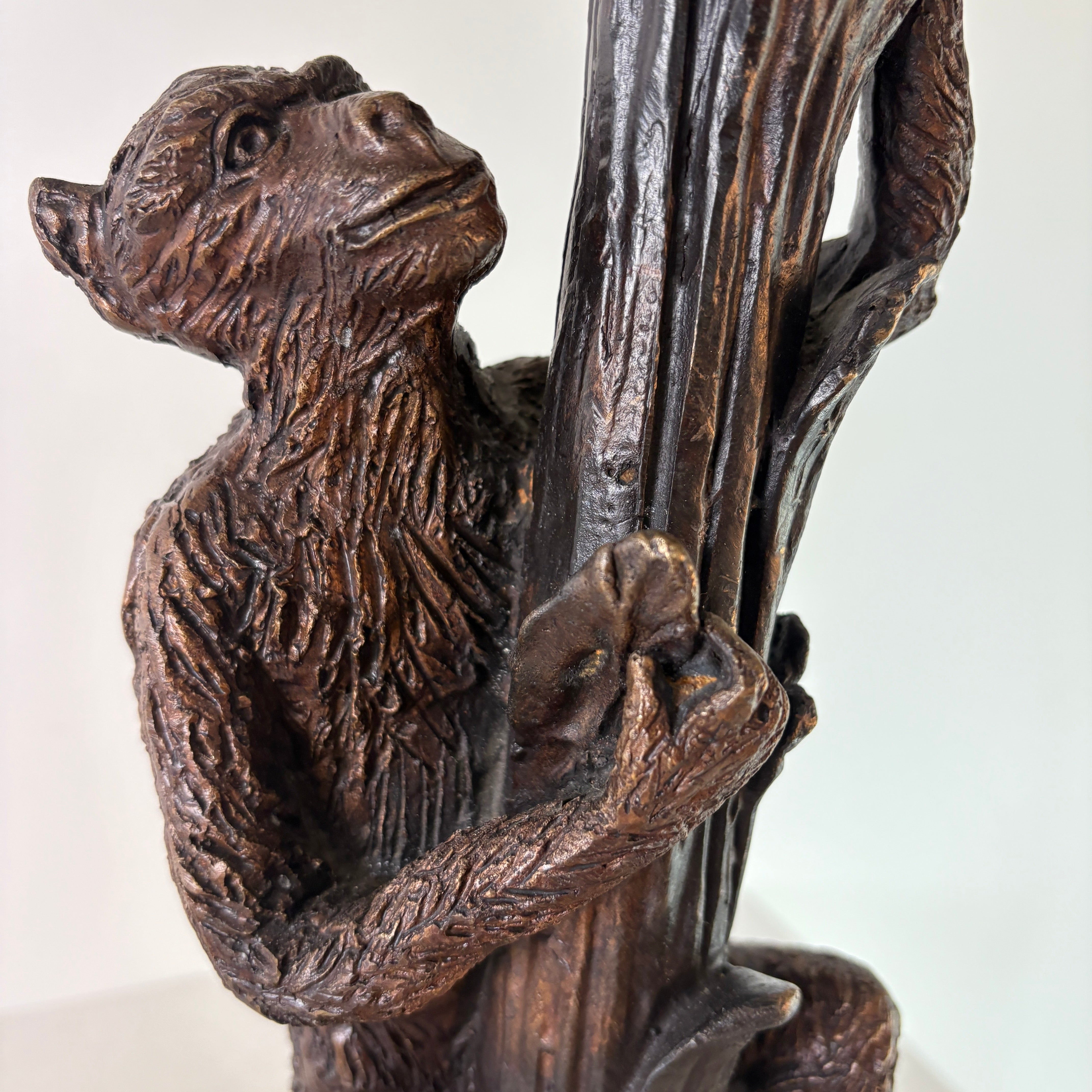Pair of Bronze Table Lamps w/ Palm Tree & Monkeys, Beige Silk & Pleated Shade, Sku 033089