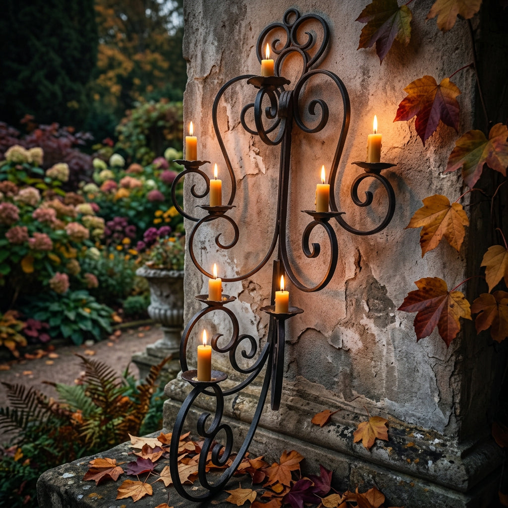 Wrought Iron Wall Sconce Scroll Motif Holds Eight Candles, Sku 034123
