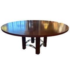 Excelsior Designs Italian Dining Set Consisting of Round Table with 4 Radiant Leaves and 8 Side Chairs.  All Constructed in Hard Wood.  Chair Upholstery is a Soft Black Textured Fabric. Sku 034039