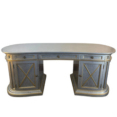 Double Pedestal Desk 3 Top Drawers with 2 Lower Cabinets Soft Silver Finish with Pale Gold Trim, Sku 033625