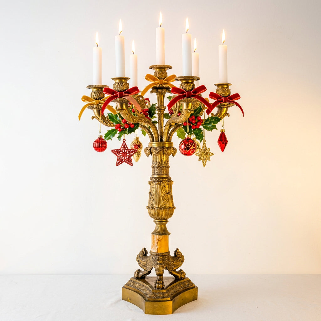 Candleholder, Antique, 6 Arm Tapered, Metal and Stone, Ornate, Sku: 033333