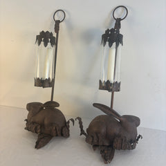 Pair of Vintage Cast Iron Rabbit Candlestick Sconces, Sku 034066