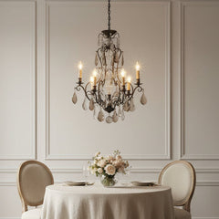 Antique French Six Arm Bronze & Crystal Chandelier w/ Clear & Mocha Colored Crystals, Sku 033733