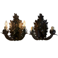 Pair Dana Creek Designs Double Arm Wall Sconce, Rusty Patina, Brass, Deer, Oak Leaf Motif, SKU: 033965
