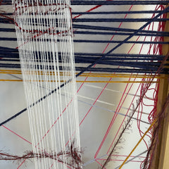Textile Art on Wooden Loom by Artist Abigail Hack Featuring Berry Colored Hues, Sku 033911