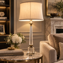 Crystal Table Lamp w/ Antique Brass Details & Ivory Silk Shade, Sku 034042