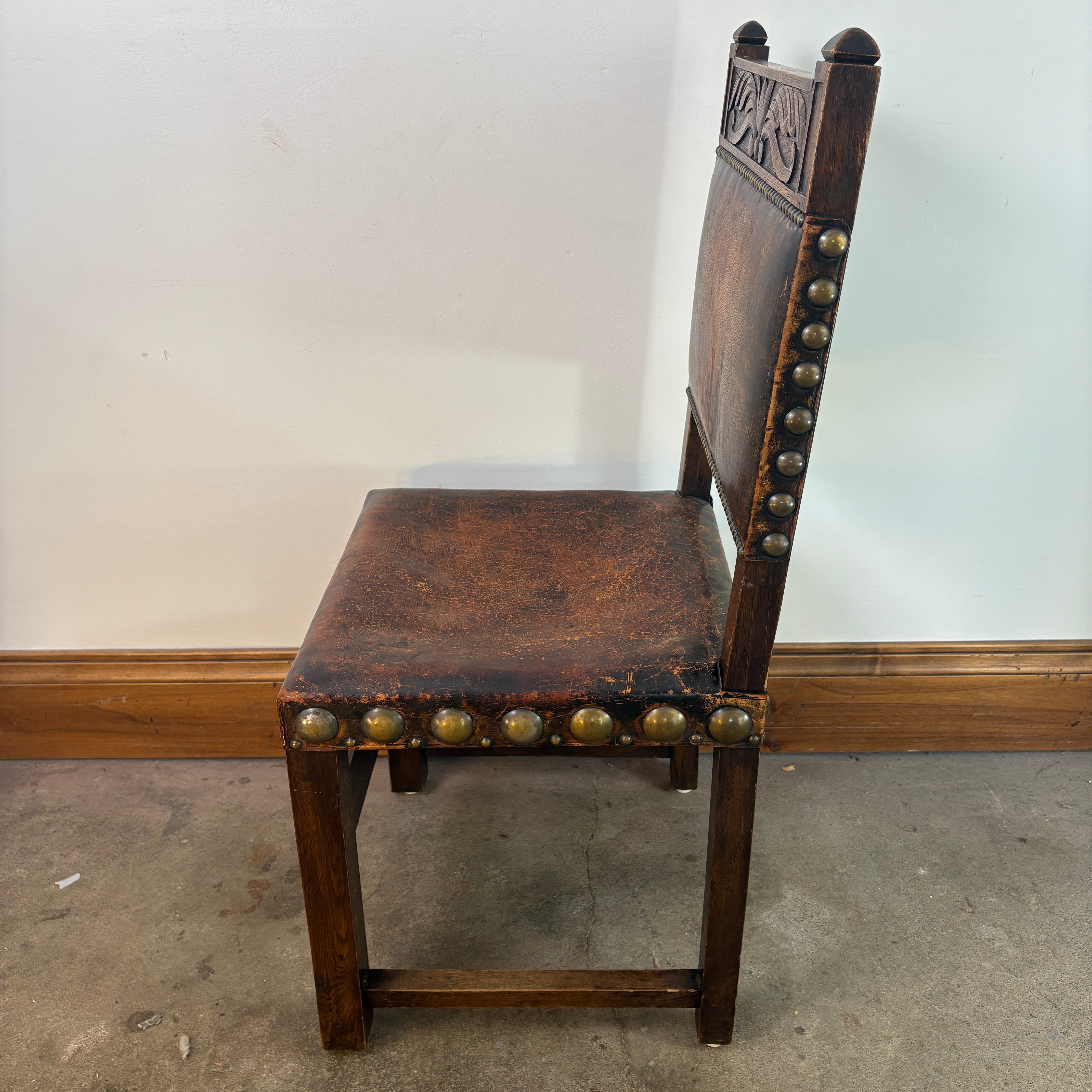 Set of Oak & Aged Leather Arm Chairs with Nail Head Detail & Side Chairs, Sku 033087