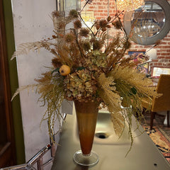 Faux Floral Arrangement Bountiful Fall Mix of Foliage in Amber Glass Trumpet Shaped Vase, Sku 033978