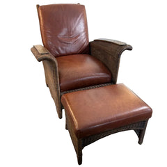 Restoration Hardware Deck Chair and Ottoman Dark Brown Wicker and Wood Arm Rests Cognac Leather Cushions Adjustable Pegs for Desired Reclining Position