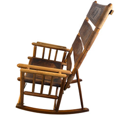 Vintage Costa Rican Teak and Embossed Leather Rocking Chair, Foldable, Sku 033670