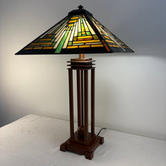 Quoizel Lighting Square Mission Style Table Lamp with Metal Base and Stained Glass Shade, Sku 033840