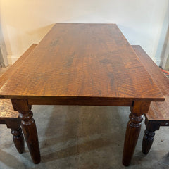 Dining Ensemble Farm Table, 2 Benches, Hand Scraped, Turned Legs, Medium Tone Wood, Sku 034113