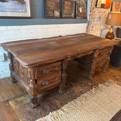 Oversized Log Cabin Style Rustic Carved Wood Desk, Sku 033852