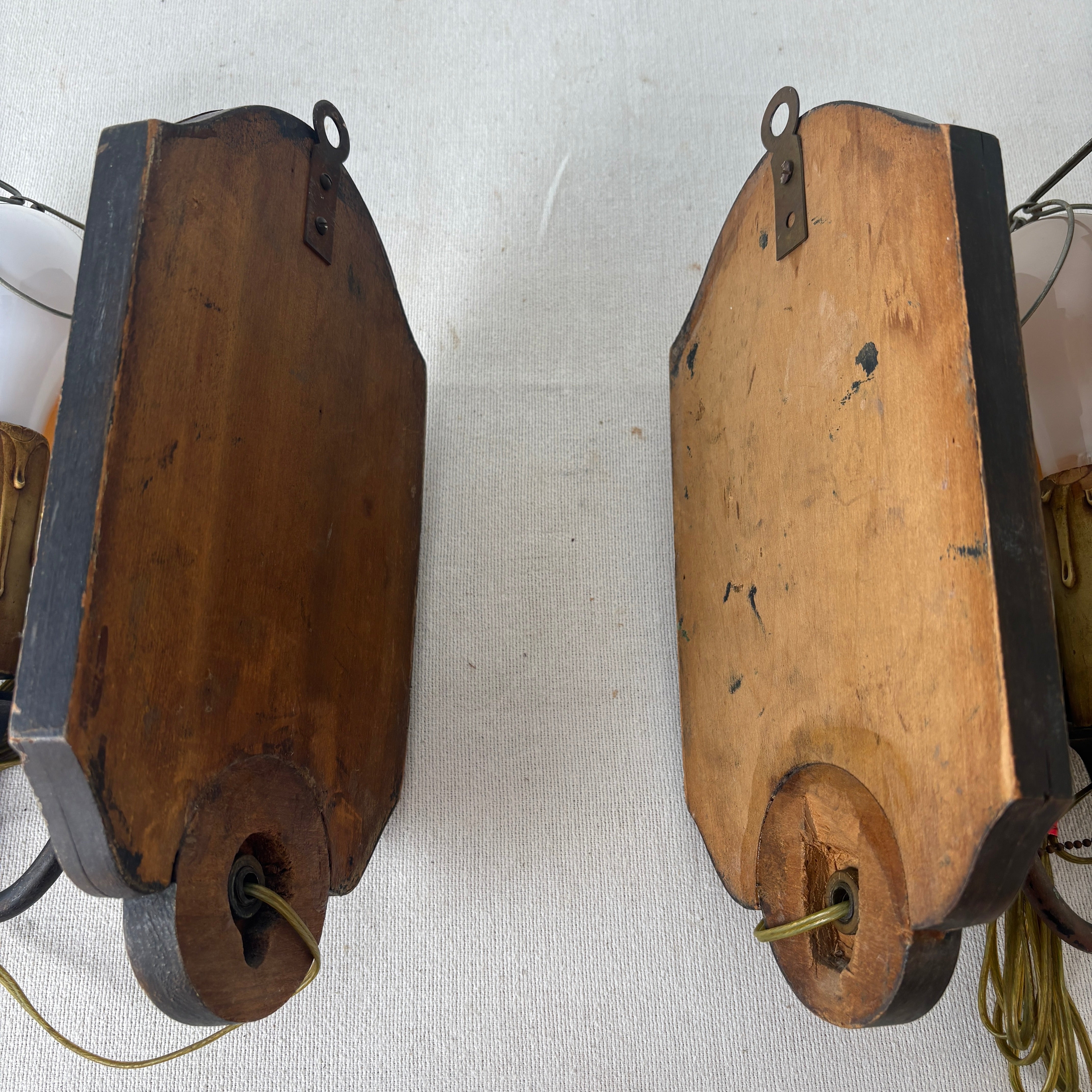 Pair of Sconces, Wood Base w/ Hand Painted Burgundy Flowers & Half Moon Paper Shade
