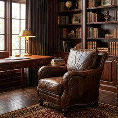 Leather Arm Chair Chocolate Brown with Nail Head Detail and Spool Feet, Sku 034093