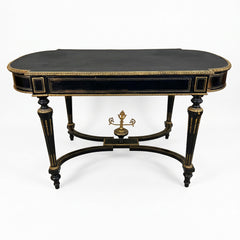 Black & Gold Italian Desk, Leather Top, Pencil Drawer, Elaborate Detailing, Base Stretcher, Finial Detail, Sku 034059