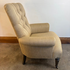 Parker Knoll Edward Armchair with Tufted back Rolled Arms and Casters on Front Legs, Tan Linen Upholstery, Sku 033673