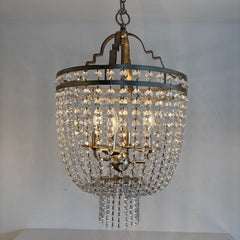 Ethan Allen Basket Chandelier in Silvertone Structure w/ Linked Crystal Coins, Sku 034013