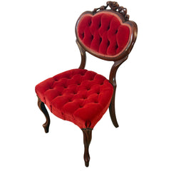 Victorian Wood and Tufted Red Velvet Parlor Chair with Carved Roses, Sku 033521
