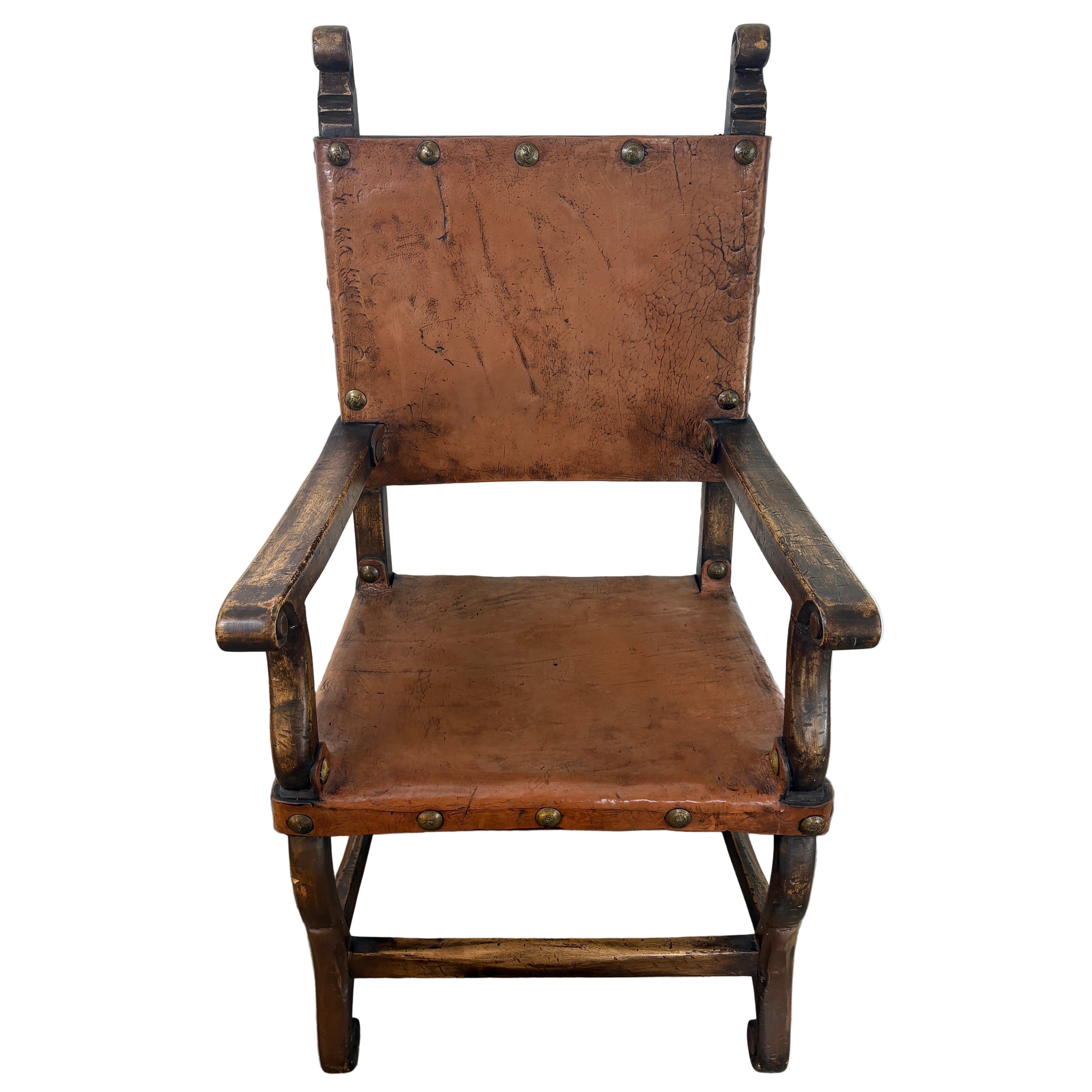Set of Oak & Aged Leather Arm Chairs with Nail Head Detail & Side Chairs, Sku 033087