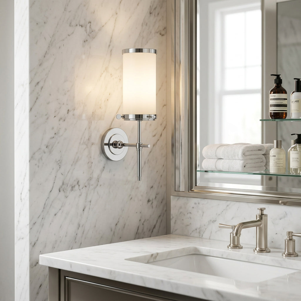 Thomas O' Brien Visual Comfort Bryant Bath Sconce in Polished Nickel & White Glass, Sku 034064