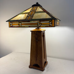 Square Mission Style Table Lamp Oak Base and Stained Glass Shade, Sku 033839