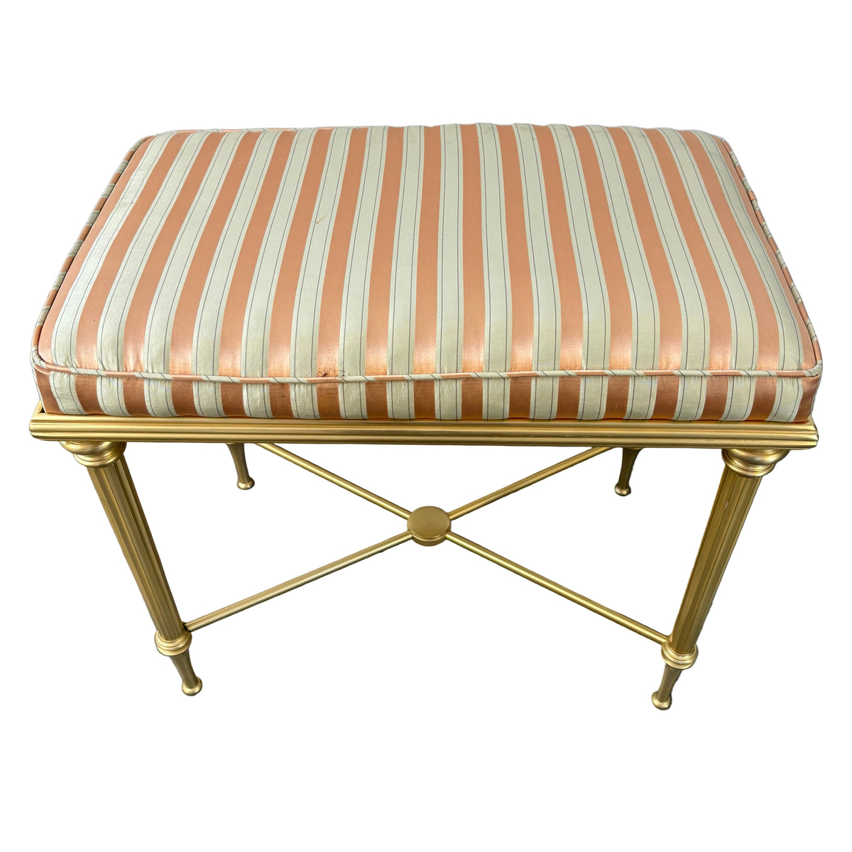 Matte Brass X Base Bench, Silk Stripe, Peach & Ivory, Sku 033360