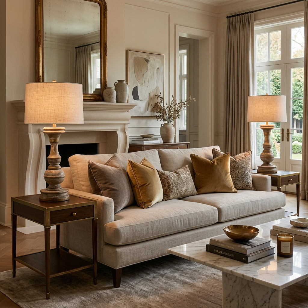 Pair of Turned Wood Base Table Lamps with Lime Wash and Gold Gilding Detail, Sku 034097