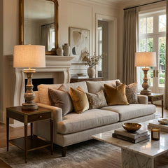 Pair of Turned Wood Base Table Lamps with Lime Wash and Gold Gilding Detail, Sku 034097
