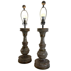 Pair of Turned Wood Base Table Lamps with Lime Wash and Gold Gilding Detail, Sku 034097