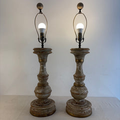 Pair of Turned Wood Base Table Lamps with Lime Wash and Gold Gilding Detail, Sku 034097