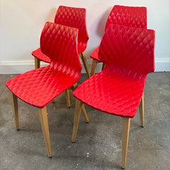 Set of 4 Metalmobil Dining Chairs Molded Red Shell, Diamond Pattern on Maple Leg Structure, Sku 033835