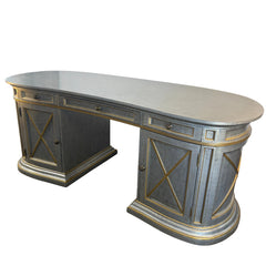 Double Pedestal Desk 3 Top Drawers with 2 Lower Cabinets Soft Silver Finish with Pale Gold Trim, Sku 033625