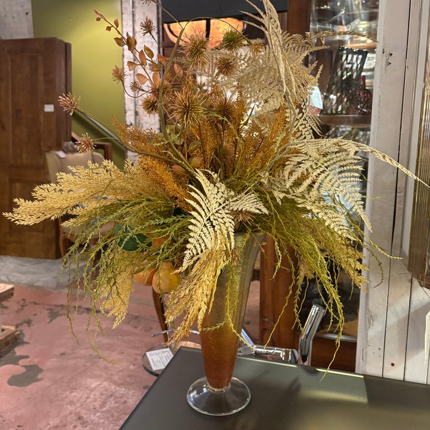Faux Floral Arrangement Bountiful Fall Mix of Foliage in Amber Glass Trumpet Shaped Vase, Sku 033978