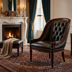 Hancock and Moore Black Leather Armchair Tufted Back Elaborate Wood Frame with Interlocked Coin Design, Sku 034126