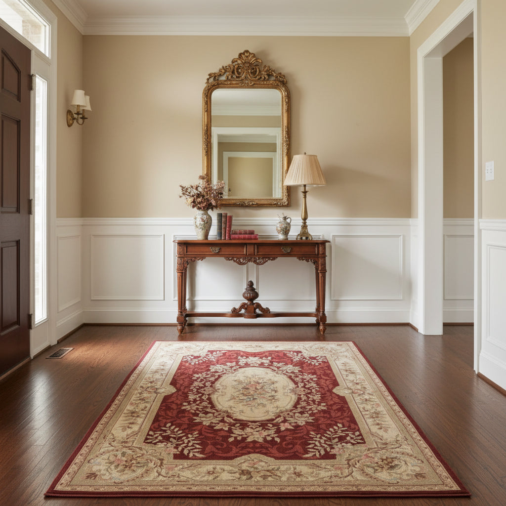 Handcrafted Needlepoint Rug, Rose and Beige, Sku 033538