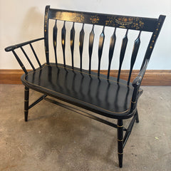 Nichols and Stone Brand, Commemorating America's Bicentennial, Spindle Back Wood Bench, Black Painted Finish with Gold Accented Fruit and Leaf Motif, Sku 033769