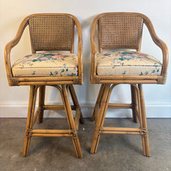 Pair of Ficks Reed Rattan Swivel Barstools Double Caned Back & Upholstered Seat, Sku 033926