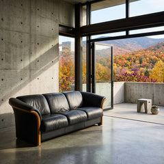 Ekornes Black Leather Sofa, Teak Wood Trim, Attached Seat Cushions, Sku 034106