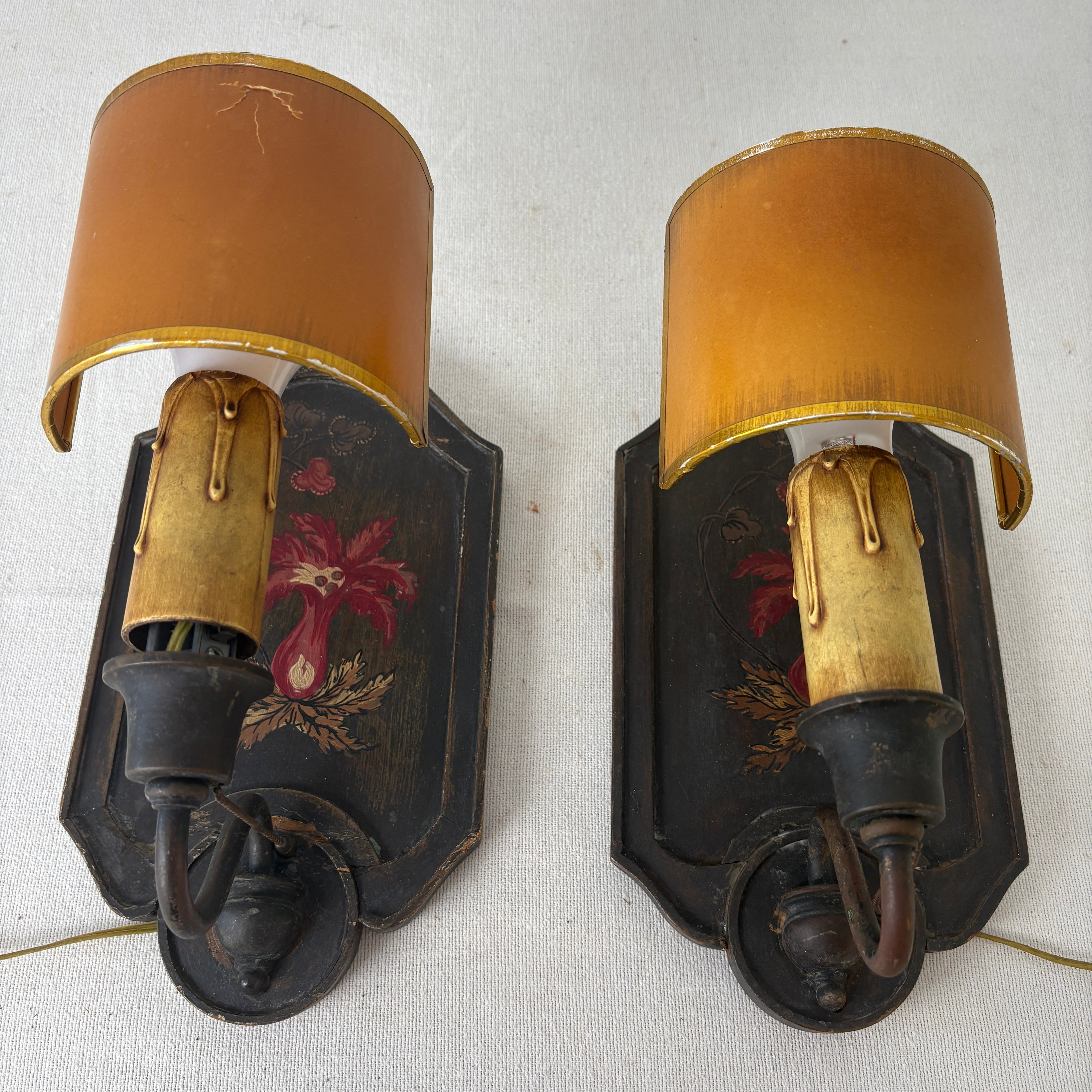 Pair of Sconces, Wood Base w/ Hand Painted Burgundy Flowers & Half Moon Paper Shade