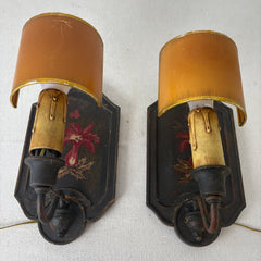 Pair of Sconces, Wood Base w/ Hand Painted Burgundy Flowers & Half Moon Paper Shade