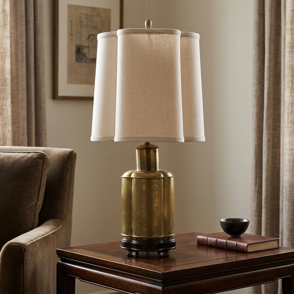 Brass Table Lamp, Asian Styling Etched Floral and Bird Motif Quatrefoil Shaped Linen Shade, Sku 034077