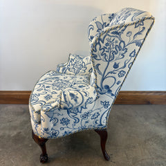 Custom Upholstered Wing Back Chair, Indigo & Cream Turkish Flower Pattern, Sku: 033545