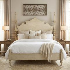King Headboard Wood with Rustic Taupe Finish 2 Large Posters and Fancy Cut Design, Sku 034090
