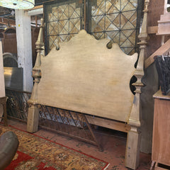 King Headboard Wood with Rustic Taupe Finish 2 Large Posters and Fancy Cut Design, Sku 034090