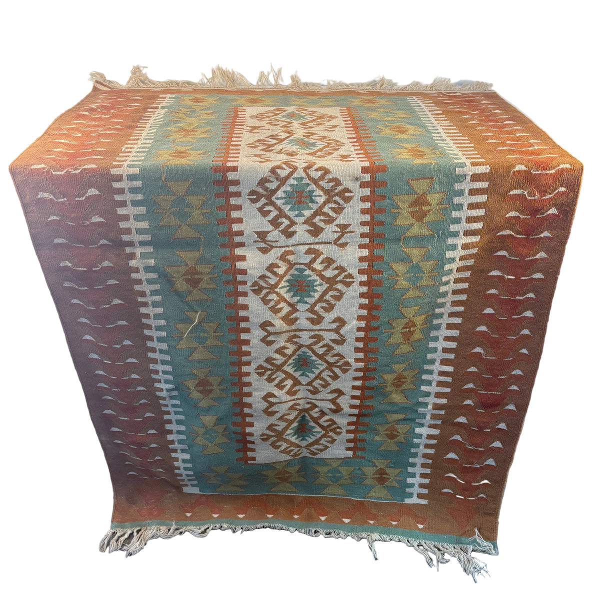 Kilim, Wool in Terracotta, Cream, Aqua, Sea Foam Green, Medium Size, Sku: 033438