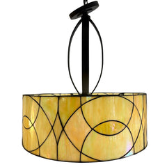 Contemporary Stained Glass Pendant with 3 Sockets, Pale Yellow Swirl Glass, Oil Rubbed Bronze Elliptical Down Rod Support, Sku 033760