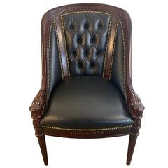 Hancock and Moore Black Leather Armchair Tufted Back Elaborate Wood Frame with Interlocked Coin Design, Sku 034126