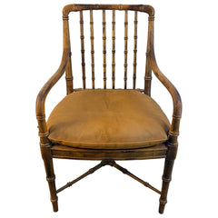 Faux Rattan Armchair with Spindle Back and X Base Stretcher Cognac Leather Pads, Sku 034151
